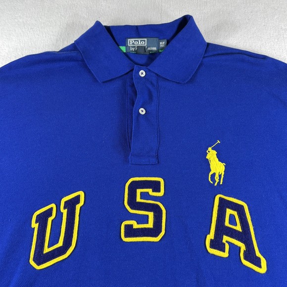 Polo Ralph Lauren USA #3 Embroidered Patch Polo Shirt Blue Yellow Men’s XLT - Picture 1 of 7